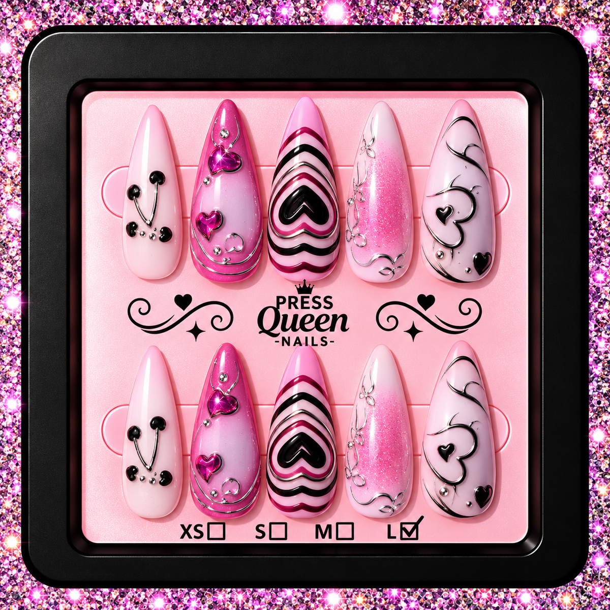 Queen of Hearts | Pink & Black Heart Press-On Nails