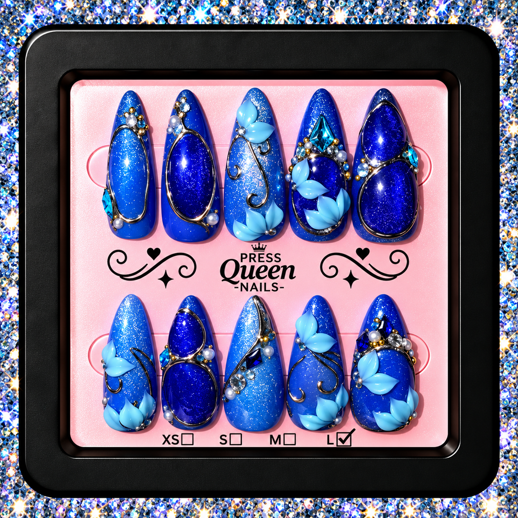 Royal Blue Enchantment | 3D Crystal & Floral Press-On Nails