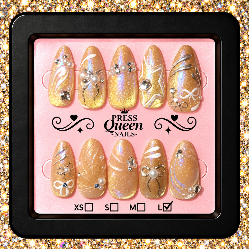 Golden Pearl Elegance | Champagne Pearl & Crystal Press-On Nails