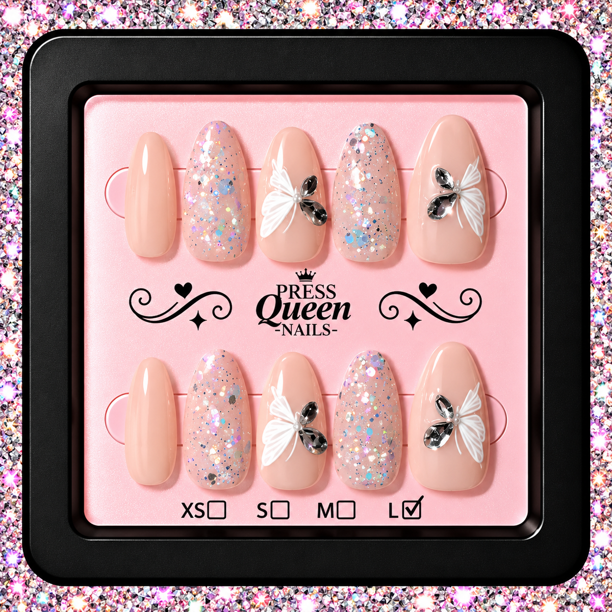 Champagne Butterfly | Nude Glitter Butterfly Press-On Nails