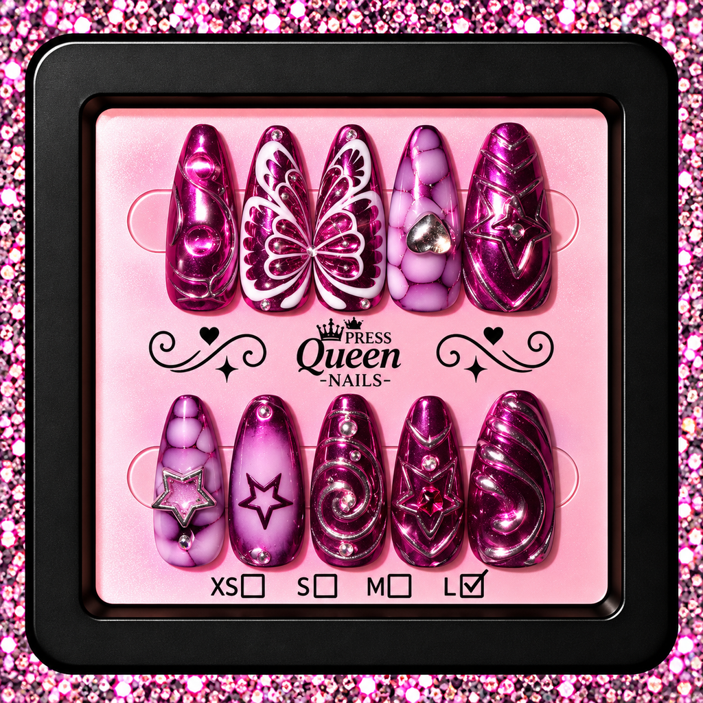 Magenta Butterfly Kiss | Metallic Butterfly Press-On Nails