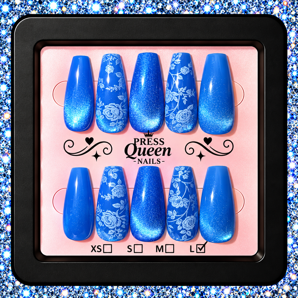 Blue Rose Royalty | Royal Blue Floral Glitter Press-On Nails