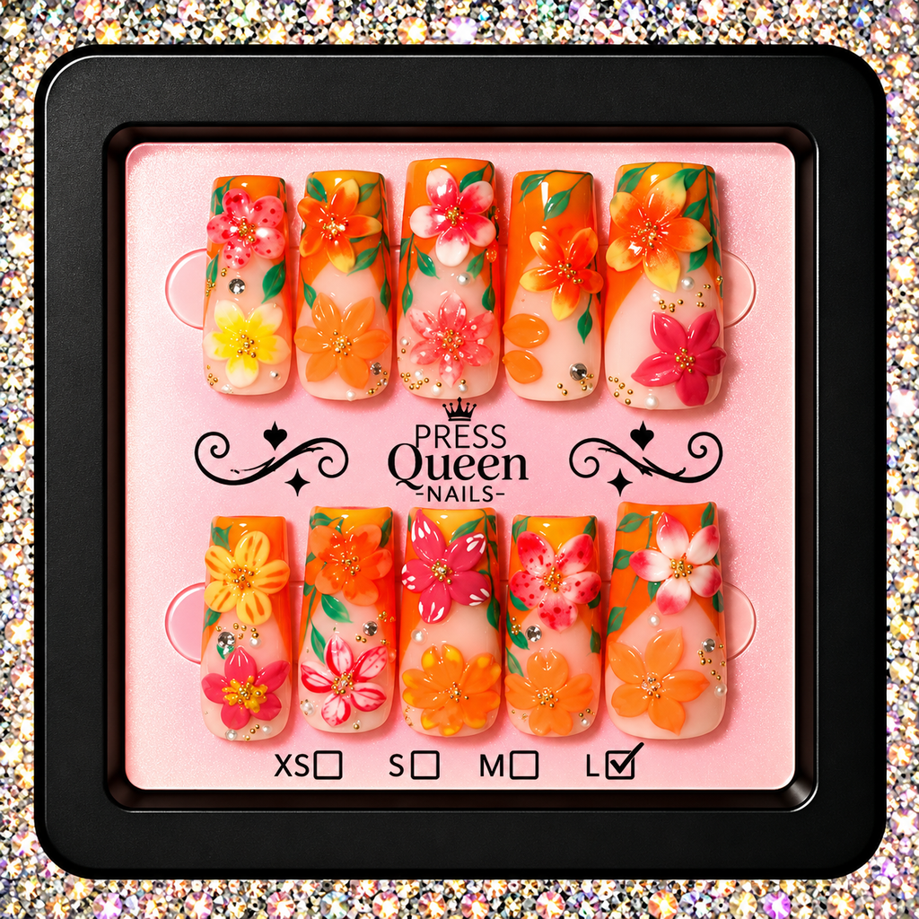Tropical Bloom | Orange Floral 3D Press-On Nails