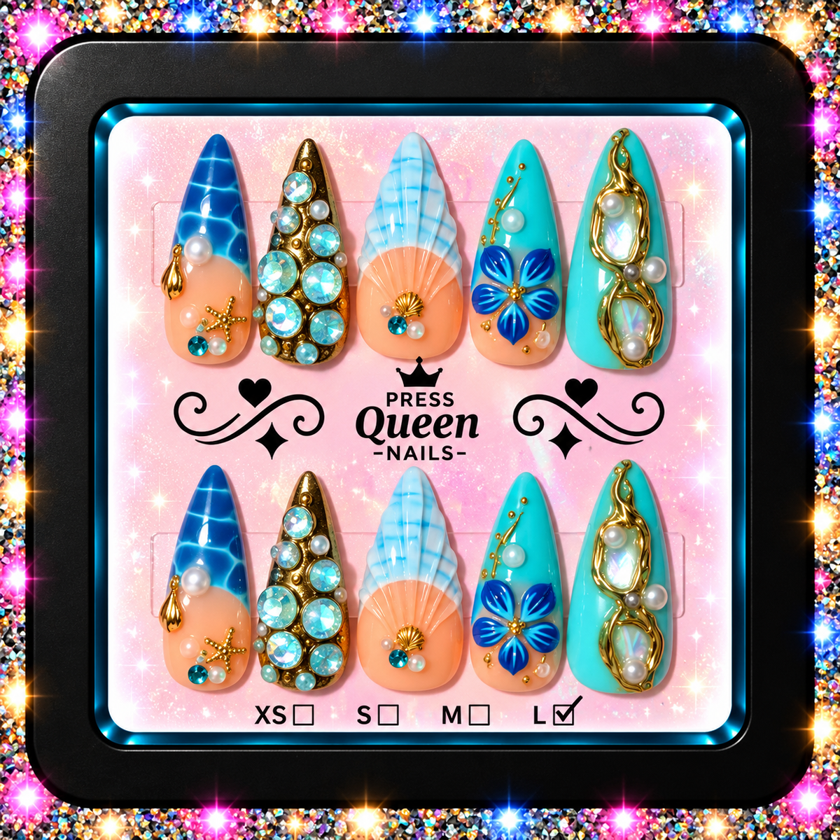 Ocean Royalty | Luxury Blue & Gold 3D Press-On Nails